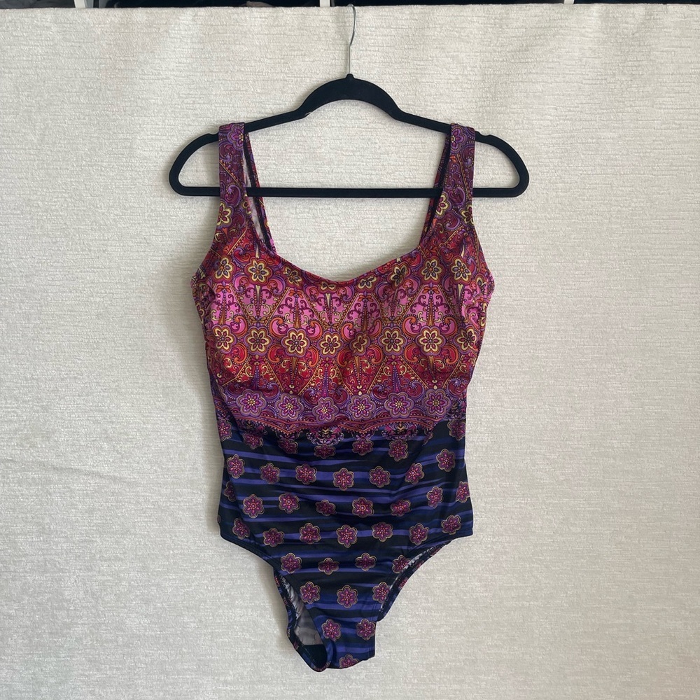 croft & barrow Pink and Navy Floral-Stripe One-Piece Swimsuit